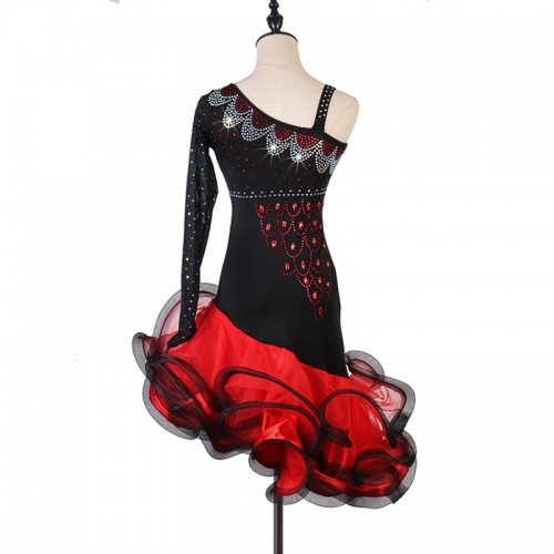 Black with red ruffles one shoulder women latin dance dresses stage performance rumba chacha dance dresses